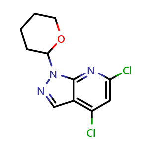Chemical structure of 4,6-dichloro-1-tetrahydropyran-2-yl-pyrazolo[3,4-b]pyridine , CAS 2271323-66-9, AChemBlock T92884