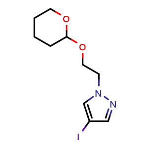 Chemical structure of 4-iodo-1-[2-(oxan-2-yloxy)ethyl]-1H-pyrazole , CAS 879487-88-4, AChemBlock T92930