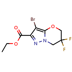 Chemical structure of ethyl 3-bromo-6,6-difluoro-5,7-dihydropyrazolo[5,1-b][1,3]oxazine-2-carboxylate , CAS 2128657-45-2, AChemBlock T92943