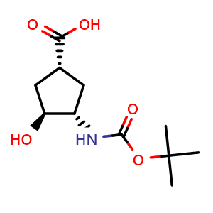 Chemical structure of (1R,3S,4S)-3-(tert-butoxycarbonylamino)-4-hydroxy-cyclopentanecarboxylic acid , CAS 262280-12-6, AChemBlock T92969