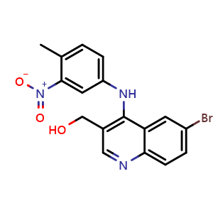 Chemical structure of (6-broMo-4-((4-Methyl-3-nitrophenyl)amino)quinolin-3-yl)methanol , CAS 1431510-25-6, AChemBlock T92993