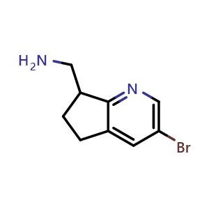 Chemical structure of (3-bromo-6,7-dihydro-5H-cyclopenta[b]pyridin-7-yl)methanamine , CAS 2387602-46-0, AChemBlock T93058