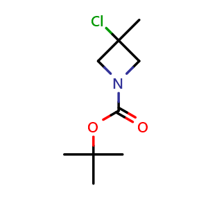 Chemical structure of tert-butyl 3-chloro-3-methyl-azetidine-1-carboxylate , CAS 1315192-61-0, AChemBlock T93082