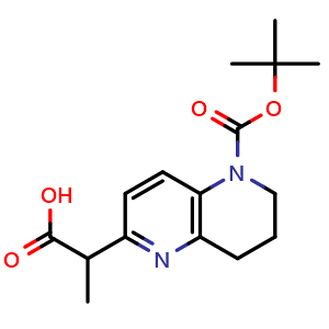 Chemical structure of 2-(5-tert-butoxycarbonyl-7,8-dihydro-6H-1,5-naphthyridin-2-yl)propanoic acid , CAS 2314394-02-8, AChemBlock T93088