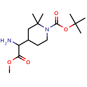 Chemical structure of tert-butyl 4-(1-amino-2-methoxy-2-oxo-ethyl)-2,2-dimethyl-piperidine-1-carboxylate , CAS 2292440-37-8, AChemBlock T93089