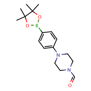 Chemical structure of 4-(4-(4,4,5,5-Tetramethyl-1,3,2-dioxaborolan-2-yl)phenyl)piperazine-1-carbaldehyde , CAS 1150561-69-5, AChemBlock T93144