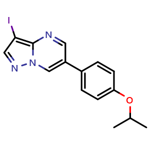 Chemical structure of 3-iodo-6-(4-isopropoxyphenyl)pyrazolo[1,5-a]pyrimidine , CAS 2411636-14-9, AChemBlock T93164