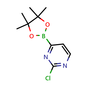 Chemical structure of 2-chloro-4-(4,4,5,5-tetramethyl-1,3,2-dioxaborolan-2-yl)pyrimidine , CAS 1310404-27-3, AChemBlock T93215