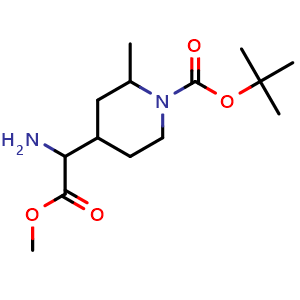 Chemical structure of tert-butyl 4-(1-amino-2-methoxy-2-oxo-ethyl)-2-methyl-piperidine-1-carboxylate , CAS 2293098-67-4, AChemBlock T93306