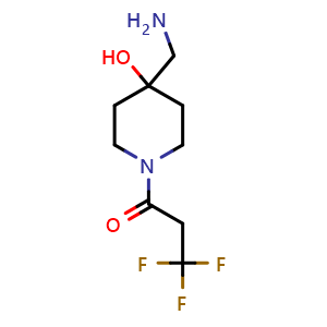 Chemical structure of 1-[4-(aminomethyl)-4-hydroxy-1-piperidyl]-3,3,3-trifluoro-propan-1-one , CAS 2001227-86-5, AChemBlock T93315