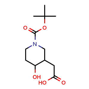 Chemical structure of 2-(1-tert-butoxycarbonyl-4-hydroxy-3-piperidyl)acetic acid , CAS 1369238-29-8, AChemBlock T93321