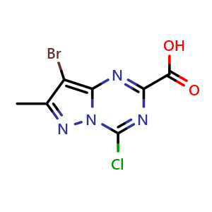 Chemical structure of 8-bromo-4-chloro-7-methyl-pyrazolo[1,5-a][1,3,5]triazine-2-carboxylic acid , CAS 2387596-40-7, AChemBlock T93331