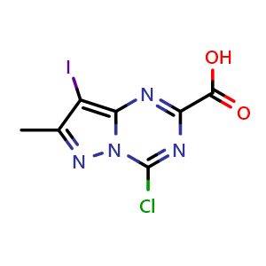 Chemical structure of 4-chloro-8-iodo-7-methyl-pyrazolo[1,5-a][1,3,5]triazine-2-carboxylic acid , CAS 2387601-71-8, AChemBlock T93332