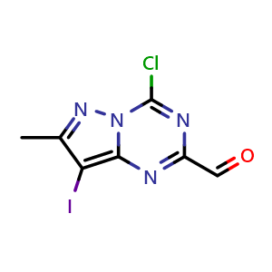 Chemical structure of 4-chloro-8-iodo-7-methyl-pyrazolo[1,5-a][1,3,5]triazine-2-carbaldehyde , CAS 2387601-16-1, AChemBlock T93334