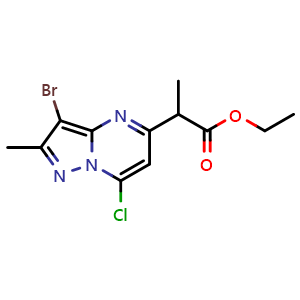 Chemical structure of ethyl 2-(3-bromo-7-chloro-2-methyl-pyrazolo[1,5-a]pyrimidin-5-yl)propanoate , CAS 2387600-78-2, AChemBlock T93336