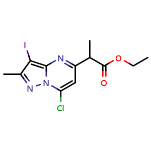 Chemical structure of ethyl 2-(7-chloro-3-iodo-2-methyl-pyrazolo[1,5-a]pyrimidin-5-yl)propanoate , CAS 2387601-22-9, AChemBlock T93337