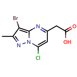 Chemical structure of 2-(3-bromo-7-chloro-2-methyl-pyrazolo[1,5-a]pyrimidin-5-yl)acetic acid , CAS 2387596-07-6, AChemBlock T93340