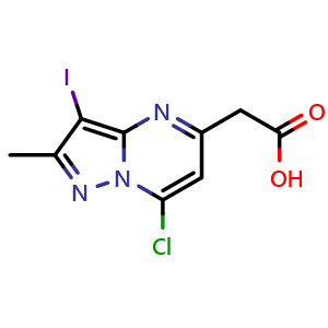 Chemical structure of 2-(7-chloro-3-iodo-2-methyl-pyrazolo[1,5-a]pyrimidin-5-yl)acetic acid , CAS 2387600-35-1, AChemBlock T93341