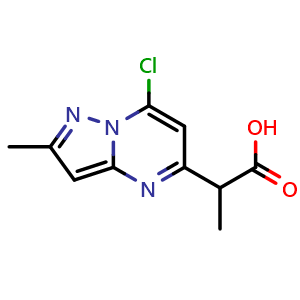 Chemical structure of 2-(7-chloro-2-methyl-pyrazolo[1,5-a]pyrimidin-5-yl)propanoic acid , CAS 2387599-40-6, AChemBlock T93342