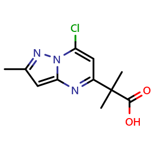 Chemical structure of 2-(7-chloro-2-methyl-pyrazolo[1,5-a]pyrimidin-5-yl)-2-methyl-propanoic acid , CAS 2387595-39-1, AChemBlock T93343
