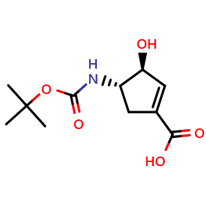 Chemical structure of (3S,4S)-4-(tert-butoxycarbonylamino)-3-hydroxy-cyclopentene-1-carboxylic acid , CAS 2387568-31-0, AChemBlock T93348