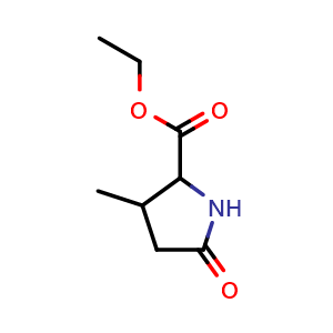 Chemical structure of ethyl 3-methyl-5-oxo-pyrrolidine-2-carboxylate , CAS 19196-75-9, AChemBlock T93429