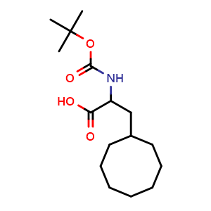 Chemical structure of 2-(tert-butoxycarbonylamino)-3-cyclooctyl-propanoic acid , CAS 1067881-40-6, AChemBlock T93602