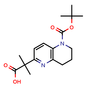 Chemical structure of 2-(5-tert-butoxycarbonyl-7,8-dihydro-6H-1,5-naphthyridin-2-yl)-2-methyl-propanoic acid , CAS 2314394-26-6, AChemBlock T93624