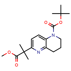 Chemical structure of tert-butyl 6-(2-methoxy-1,1-dimethyl-2-oxo-ethyl)-3,4-dihydro-2H-1,5-naphthyridine-1-carboxylate , CAS 2314394-25-5, AChemBlock T93625