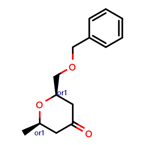 Chemical structure of Cis-2-(benzyloxymethyl)-6-methyl-tetrahydropyran-4-one , CAS 1416273-60-3, AChemBlock T93633