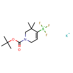 Chemical structure of potassium (1-tert-butoxycarbonyl-3,3-dimethyl-2,6-dihydropyridin-4-yl)-trifluoro-boranuide , AChemBlock T93645
