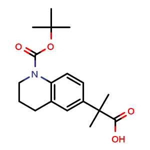 Chemical structure of 2-(1-tert-butoxycarbonyl-3,4-dihydro-2H-quinolin-6-yl)-2-methyl-propanoic acid , CAS 2387599-21-3, AChemBlock T93650