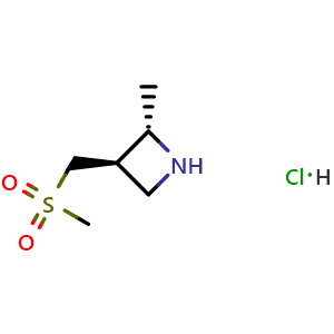 Chemical structure of (2S,3R)-2-methyl-3-(methylsulfonylmethyl)azetidine hydrochloride , CAS 2411592-27-1, AChemBlock T93694