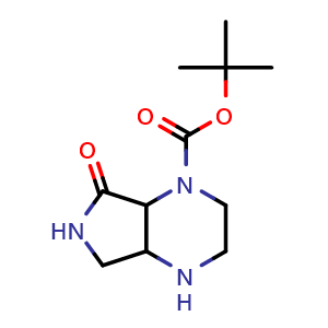Chemical structure of tert-butyl 5-oxo-2,3,4a,6,7,7a-hexahydro-1H-pyrrolo[3,4-b]pyrazine-4-carboxylate , CAS 2411634-45-0, AChemBlock T93700