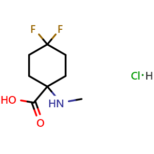 Chemical structure of 4,4-difluoro-1-(methylamino)cyclohexanecarboxylic acid hydrochloride , CAS 2411636-76-3, AChemBlock T93747