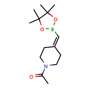 Chemical structure of 1-[4-[(4,4,5,5-tetramethyl-1,3,2-dioxaborolan-2-yl)methylene]-1-piperidyl]ethanone , CAS 2246762-71-8, AChemBlock T93756