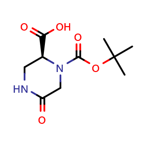 Chemical structure of (S)-1-(tert-Butoxycarbonyl)-5-oxopiperazine-2-carboxylic acid , CAS 1033713-11-9, AChemBlock T93937
