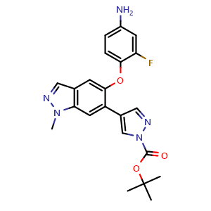 Chemical structure of tert-butyl 4-[5-(4-amino-2-fluorophenoxy)-1-methyl-1H-indazol-6-yl]-1H-pyrazole-1-carboxylate , CAS 1206800-56-7, AChemBlock T93941