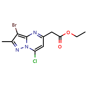 Chemical structure of ethyl 2-(3-bromo-7-chloro-2-methyl-pyrazolo[1,5-a]pyrimidin-5-yl)acetate , CAS 2365243-39-4, AChemBlock T94121