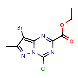 Chemical structure of ethyl 8-bromo-4-chloro-7-methyl-pyrazolo[1,5-a][1,3,5]triazine-2-carboxylate , CAS 2365243-38-3, AChemBlock T94122