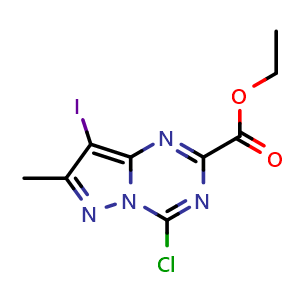 Chemical structure of ethyl 4-chloro-8-iodo-7-methyl-pyrazolo[1,5-a][1,3,5]triazine-2-carboxylate , CAS 2365243-37-2, AChemBlock T94123