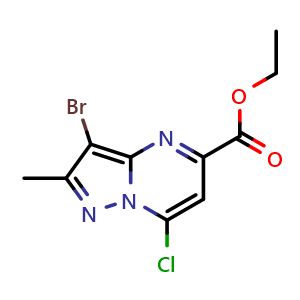 Chemical structure of ethyl 3-bromo-7-chloro-2-methyl-pyrazolo[1,5-a]pyrimidine-5-carboxylate , CAS 2107098-14-4, AChemBlock T94131