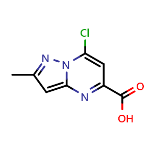 Chemical structure of 7-chloro-2-methyl-pyrazolo[1,5-a]pyrimidine-5-carboxylic acid , CAS 1496340-90-9, AChemBlock T94143