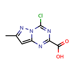 Chemical structure of 4-chloro-7-methyl-pyrazolo[1,5-a][1,3,5]triazine-2-carboxylic acid , CAS 2387595-97-1, AChemBlock T94161