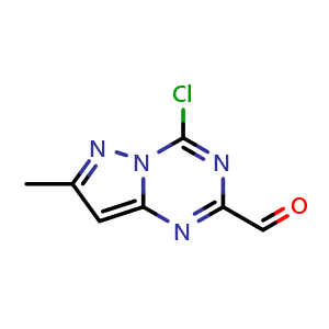 Chemical structure of 4-chloro-7-methyl-pyrazolo[1,5-a][1,3,5]triazine-2-carbaldehyde , CAS 2387597-91-1, AChemBlock T94162