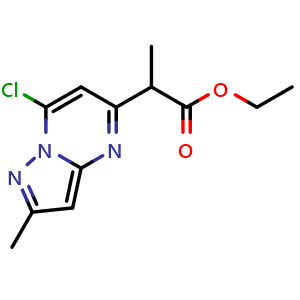 Chemical structure of ethyl 2-(7-chloro-2-methyl-pyrazolo[1,5-a]pyrimidin-5-yl)propanoate , CAS 2387601-14-9, AChemBlock T94163