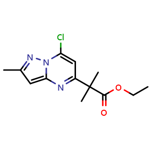 Chemical structure of ethyl 2-(7-chloro-2-methyl-pyrazolo[1,5-a]pyrimidin-5-yl)-2-methyl-propanoate , CAS 2387601-80-9, AChemBlock T94164