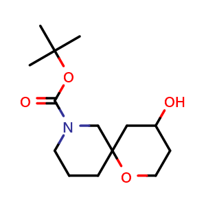Chemical structure of tert-butyl 4-hydroxy-1-oxa-8-azaspiro[5.5]undecane-8-carboxylate , CAS 2384956-24-3, AChemBlock T94166