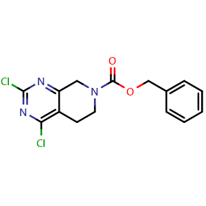 Chemical structure of benzyl 2,4-dichloro-6,8-dihydro-5H-pyrido[3,4-d]pyrimidine-7-carboxylate , CAS 1370411-44-1, AChemBlock T94224
