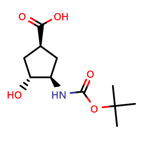 Chemical structure of (1S,3R,4R)-3-(tert-butoxycarbonylamino)-4-hydroxy-cyclopentanecarboxylic acid , CAS 1008773-77-0, AChemBlock T94341